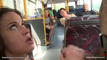 Gagged brunette fucked in public bus