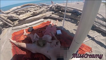 Exhibitionist Teacher Outdoor Amateur Milf Handjob Big Cock on Nudity Beach public in front of voyeur with cum P1 – MissCreamy