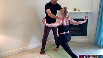 Stepson helps stepmom with yoga and stretches her pussy